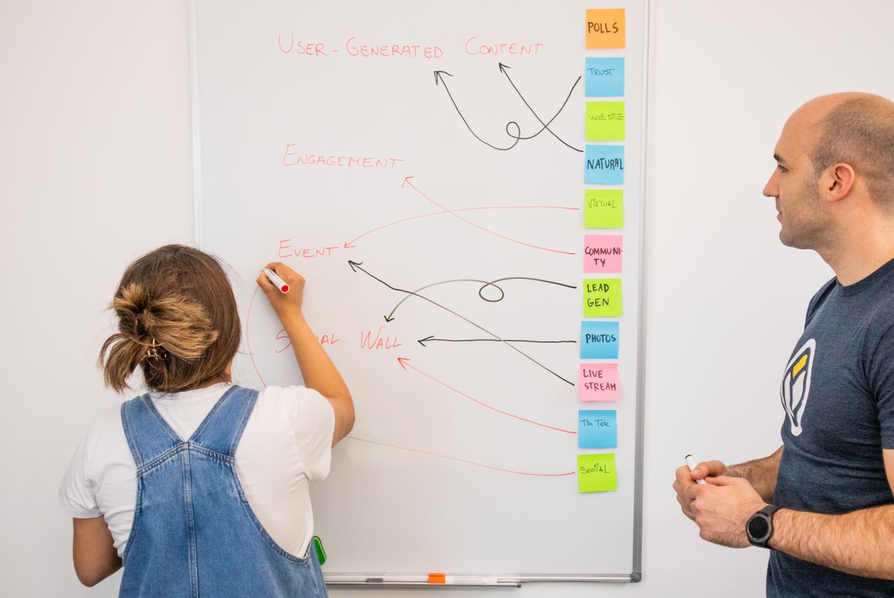 Deux collègues travaillent ensemble sur une stratégie marketing autour d’un tableau blanc, en mettant l’accent sur le contenu généré par les utilisateurs.